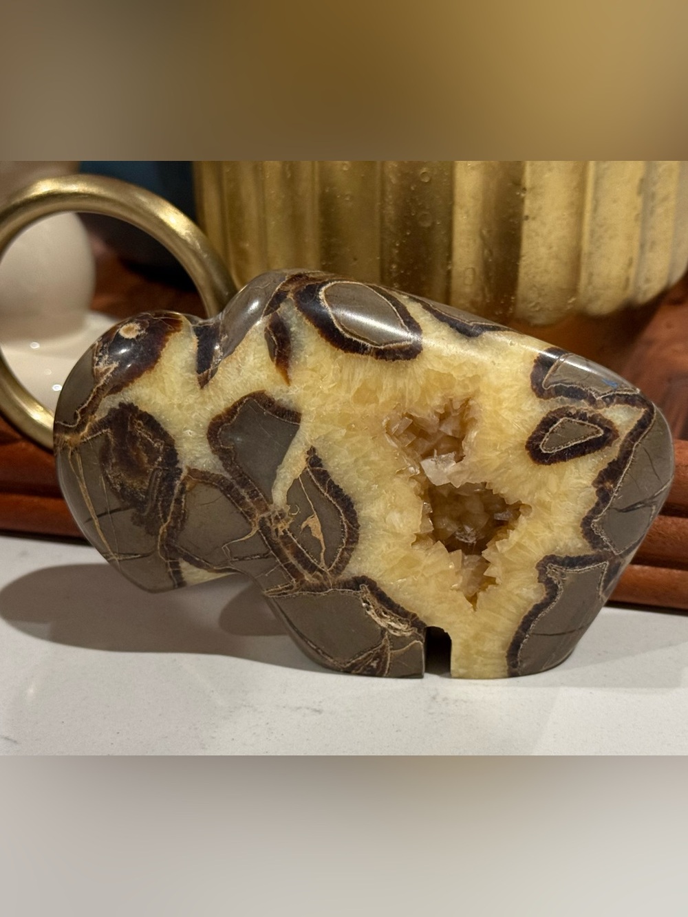 Septarian Nodule Geode American Buffalo Bison Carved Natural Stone Crystal Zuni